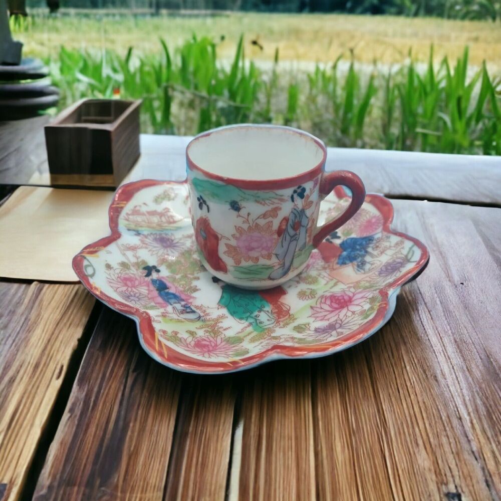Japanese Kutani Style Porcelain Mug Cup & Saucer Dish – Hand Painted Geishas